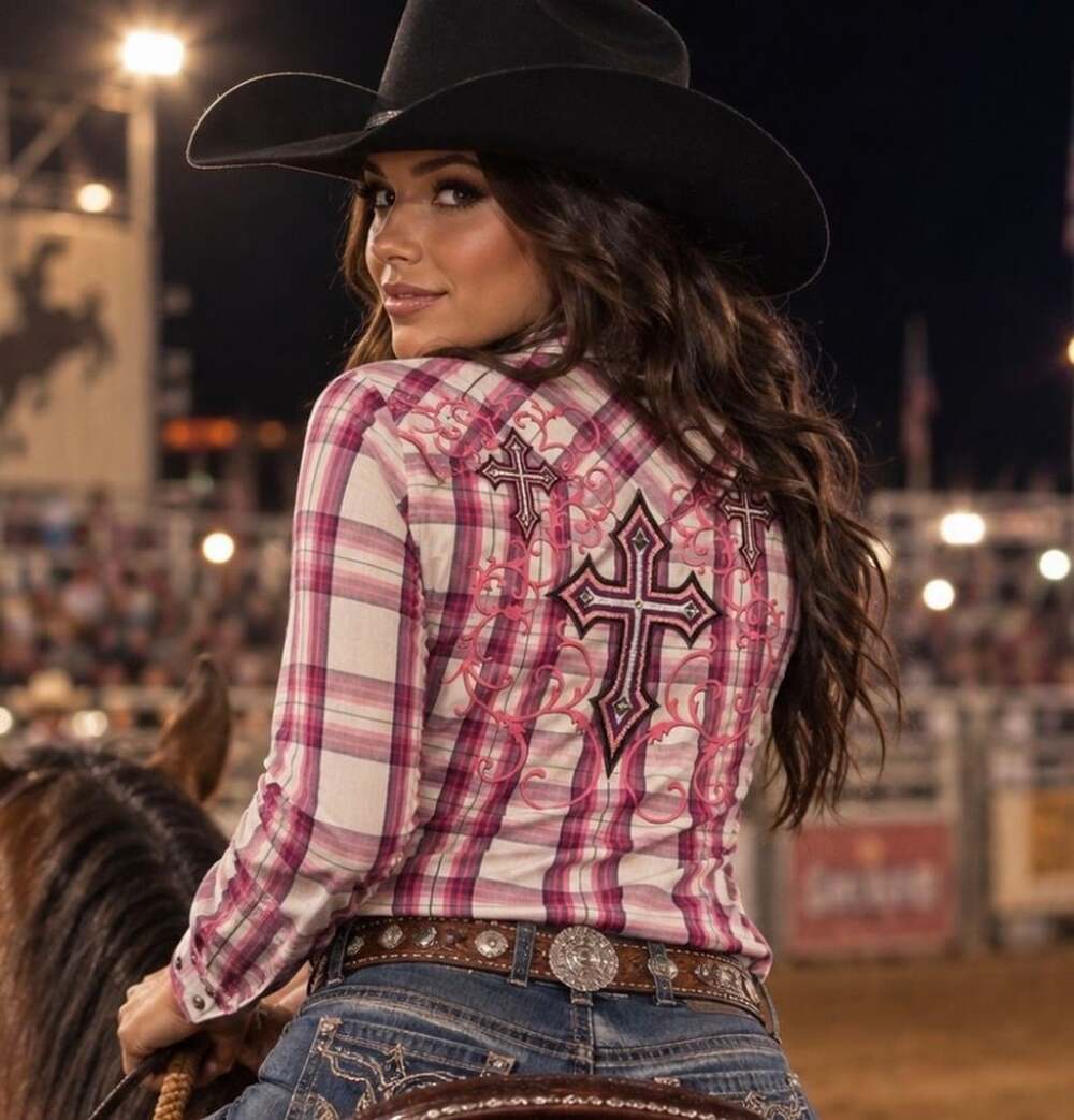 Cowgirl Hardware Women’s L Pink Plaid Western Pearl Snap Cross Embroidered Shirt
